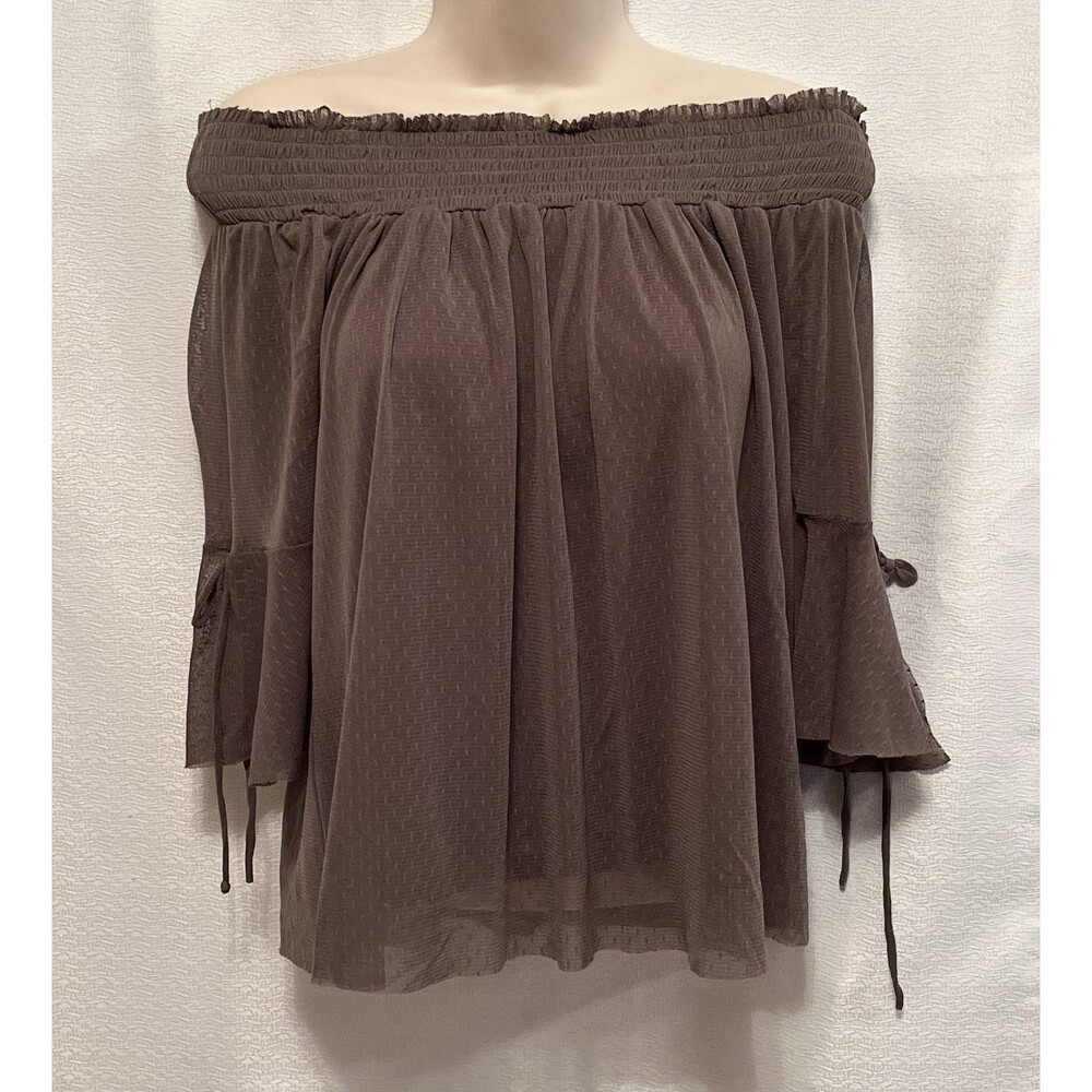 iZ Byer Off Shoulder 3/4 Sleeve Chiffon Polka Dot Going Out Top Womens XS Green